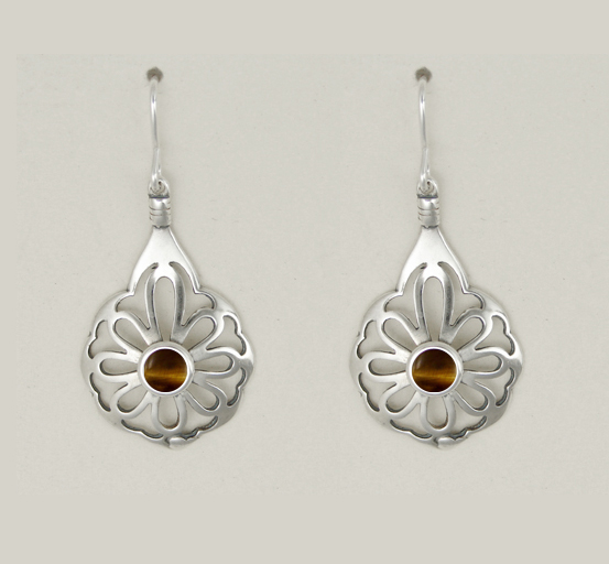 Sterling Silver Drop Dangle Flower Earrings With Tiger Eye